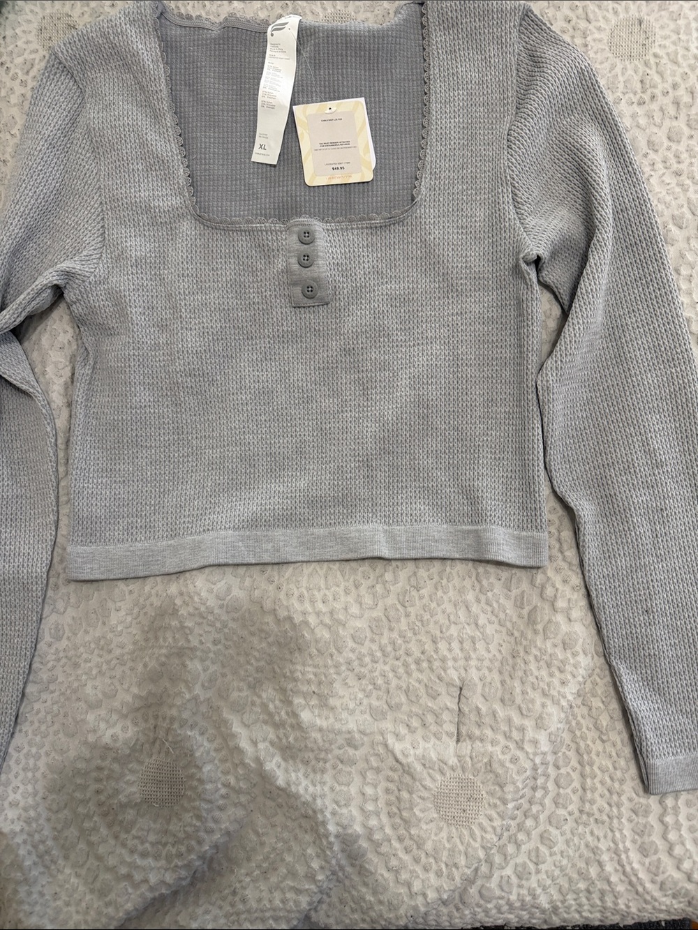 Fabletics Gray Ribbed Square Neck Top with Button Placket - Picture 3 of 10